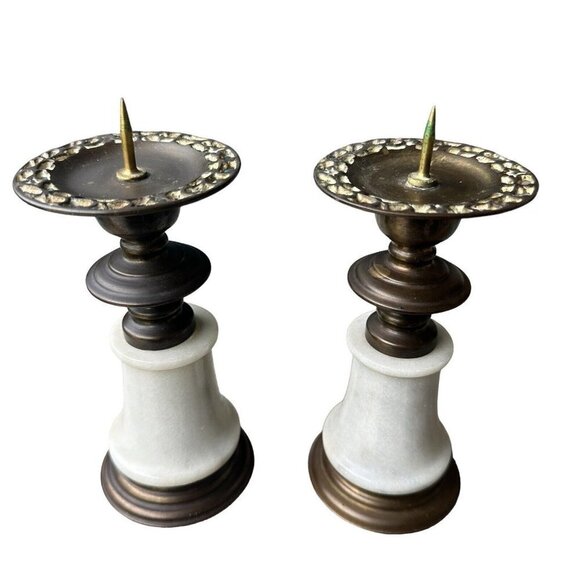 Candle Sticks Holders Brass Marble‎ Ornate Pillar Taper 7" MCM VTG Set Of 2 - Picture 3 of 9